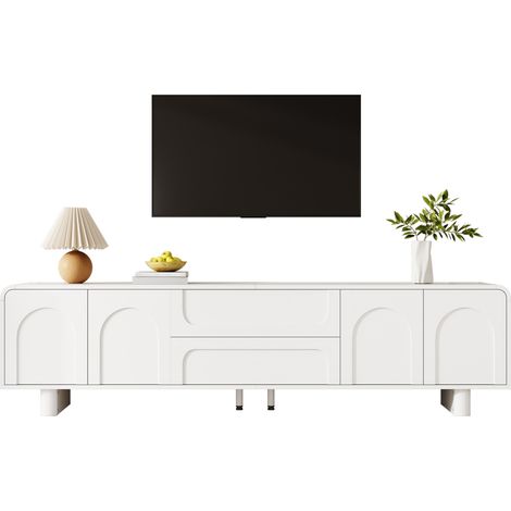 Meuble TV blanc moderne 180 cm avec portes cintrées, 2 tiroirs centraux, passe-câbles arrière et pieds réglables, rangement stable pour salon ou chambre - CHICFURN (1/5)