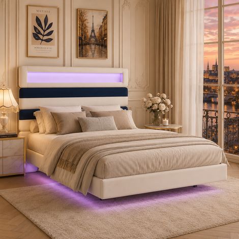 Lit 140x190 cm, tête de lit rayée velours beige, LED, ports USB, design original (1/5)