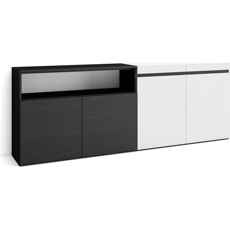 Skraut Home - Credenza, Mobile, Cucina, Madia, mobile ingresso, 200x75x35cm, 4 Porte, grande stoccaggio, Stile moderno, Bianco e nero (1/5)