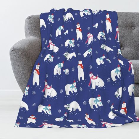 Couverture En Peluche - Motif Ours De Noël Avec Chapeau Rouge Et Flocons De Neige - Bleu - 100 x 75 cm - Pour Canapé Lit Salon