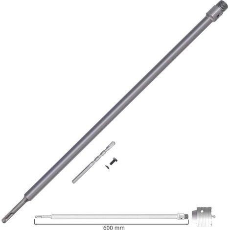 Prolunga per sega a tazza in metallo duro SDS Plus, lunghezza 600 mm, filettatura M22, attacco SDS Plus, punta pilota inclusa. Progettata per un ingombro minimo e una conservazione stabile. (1/4)