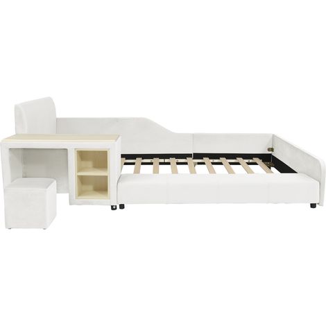 Letto per bambini 90x200 cm in velluto bianco con scrivania, sgabello e mensola (1/5)