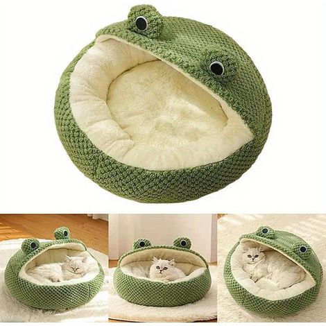 Lit pour chat semi-fermé, petit nid adorable en forme de grenouille pour chiens et chats, confortable et respirant, en peluche, pour un couchage d'intérieur chaud. (1/2)