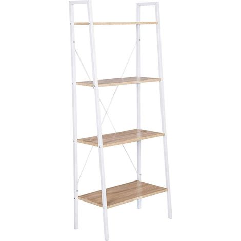 Étagère à échelle robuste à 4 niveaux avec cadre en métal pour le salon blanc marron (1/4)