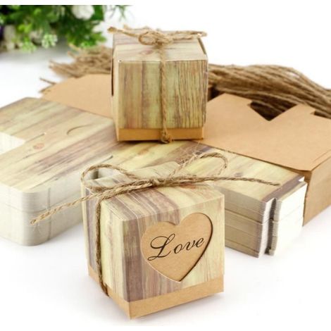 Boîte À Dragées - Papier Kraft 260 Gsm - 5 X 5 X 5 Cm - Couvercle En Forme De Cœur Avec Cordon En Jute - Lot De 100 (1/4)