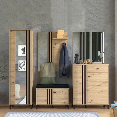 Mobile da Ingresso Apia, Specchio Incluso, 2 Ripiani, Appendiabiti, 193x55x40h cm Marrone Rovere Nodi (1/5)