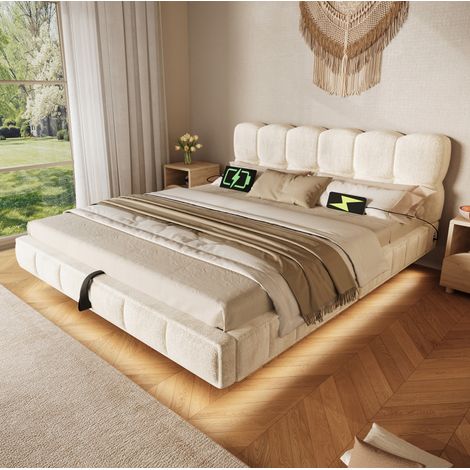 Cama canapé 140x190 cm de chenilla beige con LED, USB y almacenaje sin colchón - CHICFURN (1/5)