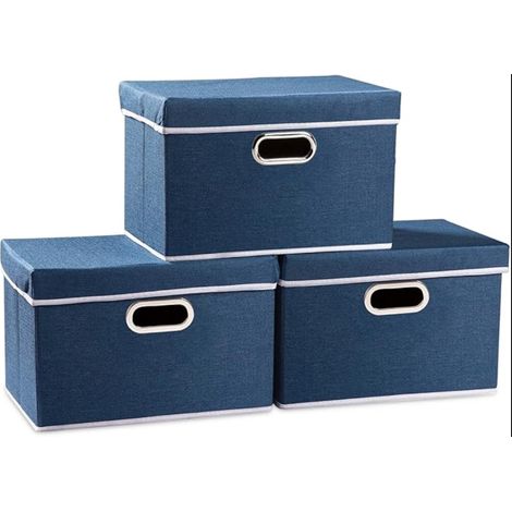 Bacs de rangement pliables en lin avec couvercles Boîtes de rangement en tissu de lin Panier Cube avec poignées Bleu royal (38x25x25cm) (1/5)
