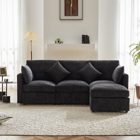 Divano angolare a L, trasformabile in 3 posti, design modulare, con pouf mobile e 4 cuscini in ciniglia, ideale per soggiorno, appartamento e ufficio, grigio, con video [vecchio codice articolo: N653P