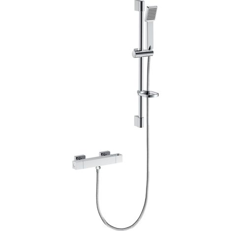 Conjunto de Ducha Barra Redondo Cromado Ducha Casa con Ducha de Mano Cuadrado y Estante de Jabón (1/5)
