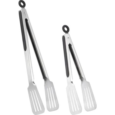 Set di 2 pinze a spatola in acciaio inox per grigliare, cuocere al forno e girare, impugnatura robusta per costine, bistecche e pesce, presa comoda, meccanismo di bloccaggio facile, 23 cm e 30 cm. (1/4)
