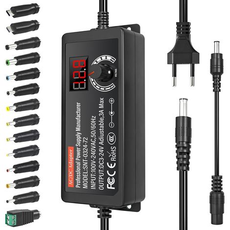 24V Alimentation Universelle 72W AC/DC Adaptateur Alimentation Réglable avec 14 Embouts DC et Câble de Polarité Inversée Chargeur Universelle pour l'électronique, 3000 mA Max. (1/5)