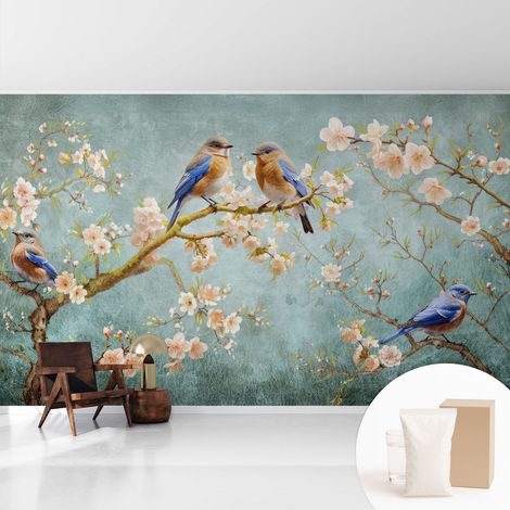 Fototapete Tapete Vliestapete mit Kleber - trendige Wanddeko - Schlafzimmer - Wohnzimmer Frühlingsvögel 416x254 cm (1/5)