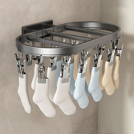 Etendoir Chaussette Mural, Etendoir Linge Pliable avec 24 Pinces Inoxydable, Métal Seche Chaussettes Interieur Extérieur pour Chaussettes, Chaussettes, sous-Vêtements et Petits Vêtements