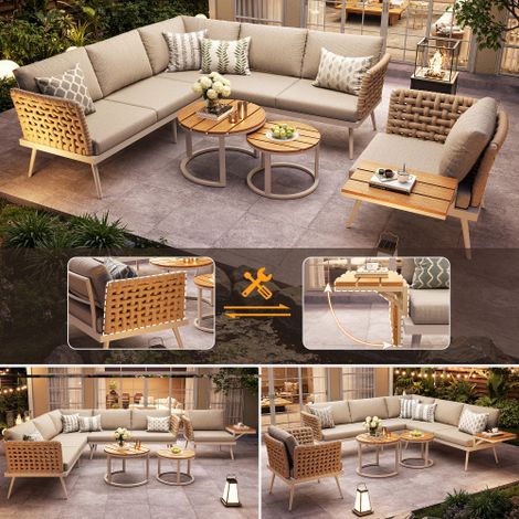 Set da giardino a L a sei posti con braccioli intrecciati a mano / Set angolare resistente alle intemperie in ferro / Include 2 tavolini da caffè in legno e poltrone / Con cuscini / Grigio/Beige (1/5)
