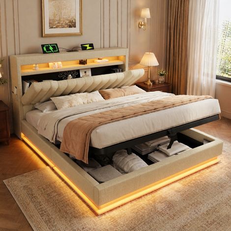 Lit double 180x200 cm en lin beige avec tête de lit LED et rangement, sans matelas – MEUBLIV (1/5)
