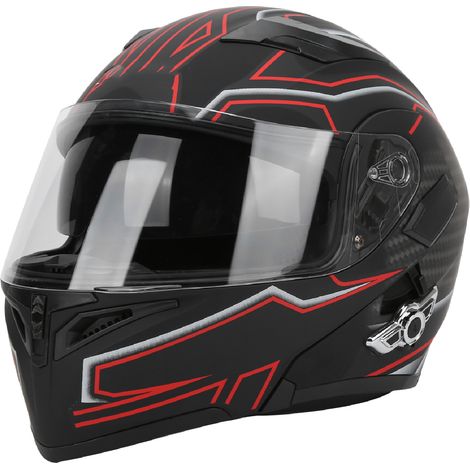 Casque de moto électrique Bluetooth à monture relevable, motif givré noir et rouge avec aileron arrière, taille XXL (1/5)