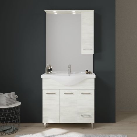 Kiamami Valentina – Meuble de salle de bain sur pieds 85cm – 3 portes et 1 tiroir – Lavabo céramique avec trou robinet – Finition chêne blanc (1/5)