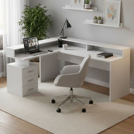 Dmora - Scrivania Leonilda, Scrittoio angolare con sopralzo, Scrivania ufficio multiuso, 180x90h160 cm, Bianco (1/5)