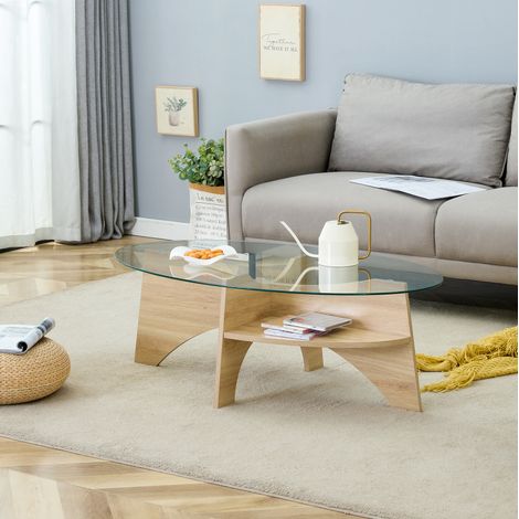 Tavolino ovale in vetro temperato 104,9 x 60 cm con ripiano, trasparente e legno DESVIAE (1/5)