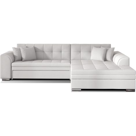 Canapé d'angle droit convertible 5 places simili blanc Looka - Pieds métal chromé (1/5)