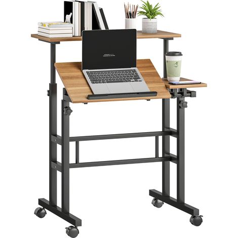 Sitz-Steh-Schreibtisch, höhenverstellbarer Schreibtisch 70 x 60 cm mit Rollen, neigbarer Tischplatte, braunes Metallgestell