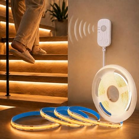 Bande LED COB avec Détecteur de Mouvement 2M, Blanc Chaud 2700K, Largeur 8mm avec 3 Modes, CRI90+ Lumineux 640LED, Bande Lumineuse LED à Intensité Variable pour Cuisine, Miroir, Armoires (1/5)