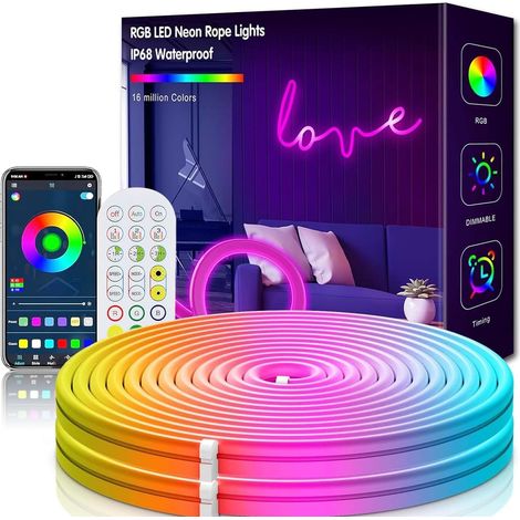 Ruban LED 3m, 24V RGB Bande LED, Silicone Néon Lumes LED Flexible Fonctionne avec APP/Télécommande, Etanche IP67, Synchronisation Musicale, Décoration Extérieur/Intérieur pour Fête (5M) (1/5)