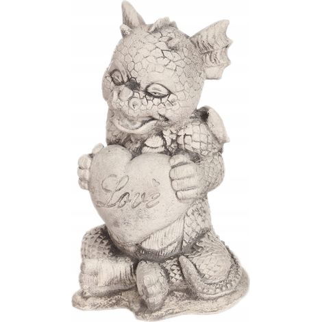 Sculpture de dragon gris avec pierre d'amour, figurine de jardin en béton (1/5)