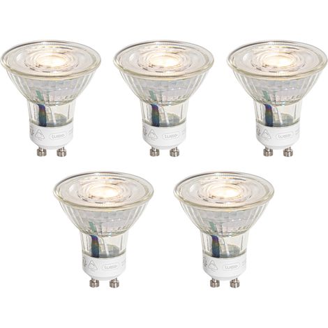 LUEDD Juego de 5 bombillas LED GU10 de 50 mm con temperatura de color regulable en 3 pasos, transparentes, 4,9 W, 450 lm, 2000-2700 K
