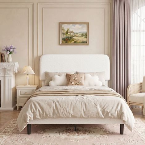 Lit 2 places - 140x190 - Cadre capitonné velours teddy - Sommier 12 lattes - Blanc (1/5)