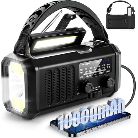 Radio d’urgence à manivelle et solaire 10000mAh AM/FM/WB Lampe LED multifonction Lecture Noir (1/5)