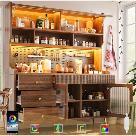 Credenza alta da cucina marrone in MDF con LED RGB, anta a sollevamento, ante in vetro scanalato, 145x39x171 cm (1/5)