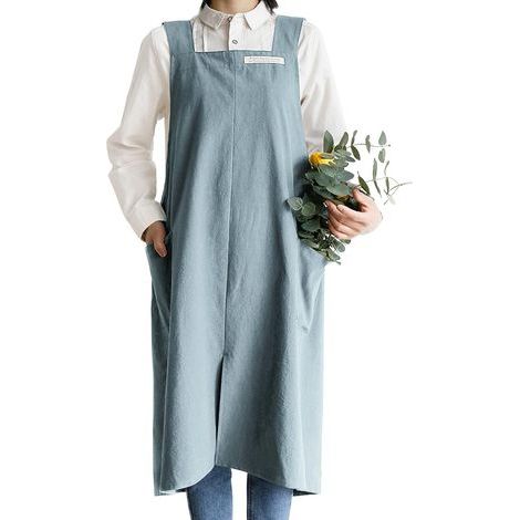 Delantales de algodón y lino, color liso, estilo japonés, delantal cruzado tipo halter con bolsillo, estilo retro, literatura, arte, floristería, ropa de mujer, cocina, tallas grandes. (1/4)