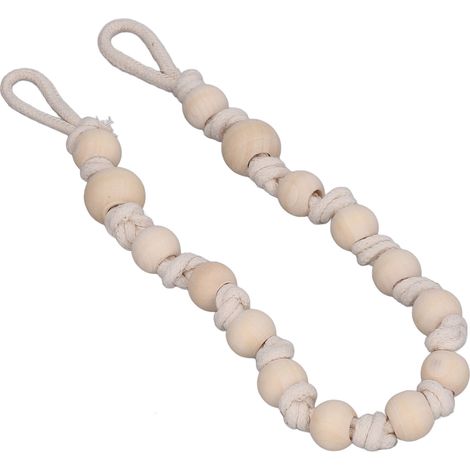 Attaches rideaux boho en bois naturel avec perles et corde coton beige, 55 cm - style bohème durable pour décoration fenêtre et salle de bain (1/5)