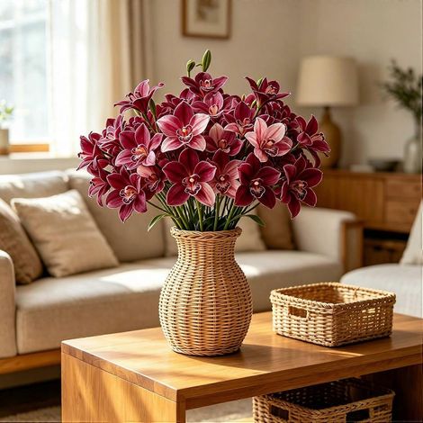 Lot de 3 tiges d'orchidées Cymbidium artificielles 3 têtes réalistes avec boutons, tige longue, pour vase (1/5)