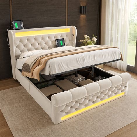 Letto matrimoniale imbottito 140x200 cm in velluto beige con LED e ricarica USB-C (1/5)