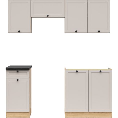 Cuisine complète 180 cm,Ensemble de meuble de cuisine coloris chêne Bernstein/Uni cachemire, plan de travail coloris noir inclus (1/4)