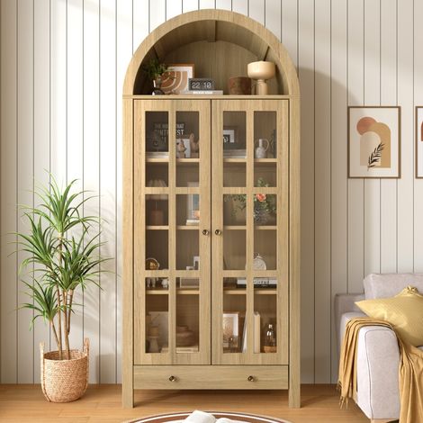 Vitrine haute cintrée moderne, armoire multifonctionnelle avec étagères réglables et tiroir, pour salon bureau salle à manger 75×35×170,5 cm, naturel (1/5)