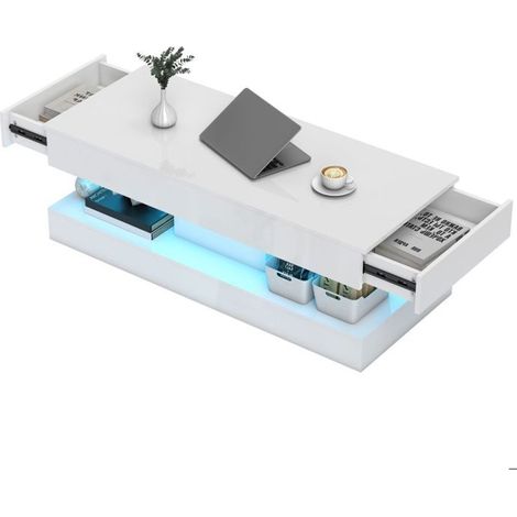 Table basse 120 cm, plateau blanc brillant facile d'entretien, rangement intégré, LED intégrées amovibles (1/5)
