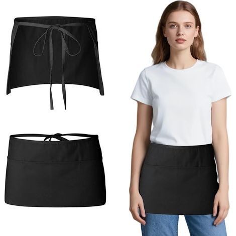2-teiliges Schürzenset, kurze Schürze mit 3 Taschen, Küchenschürze für Kellner, Köche, Restaurants, Bäckereien, Bars, Grills, Schwarz (1/5)