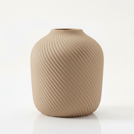 Vaso moderno, minimalista, beige, scanalato, per fiori ed erbe.