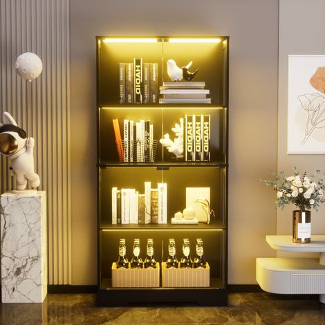 Vitrine en verre 4 étages noire équipée d’éclairage LED et capteurs. Conception anti-poussière adaptée au salon,chambre et espace de travail.
