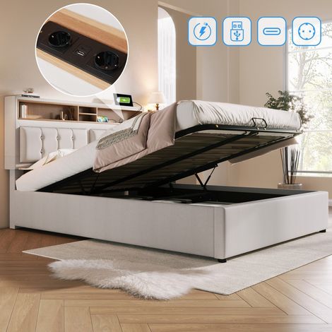 Lit Double 140x200 lin Beige - Tête de lit avec charge USB-C, rangements intégrés et sommier lattes inclus, pour ado (sans matelas) (1/5)