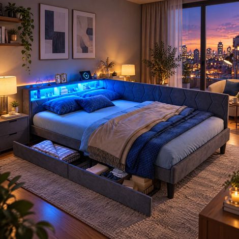 JOOKGBD-Polsterbett Schlafsofa 140x200cm mit LED-Beleuchtung und Stauraum,Jugendbett mit USB-Ladefunktion & schubladen,Kinderbett mit Lattenrost,Samt,für Wohnzimmer,Schlafzimmer,ohne Matratze,Grau