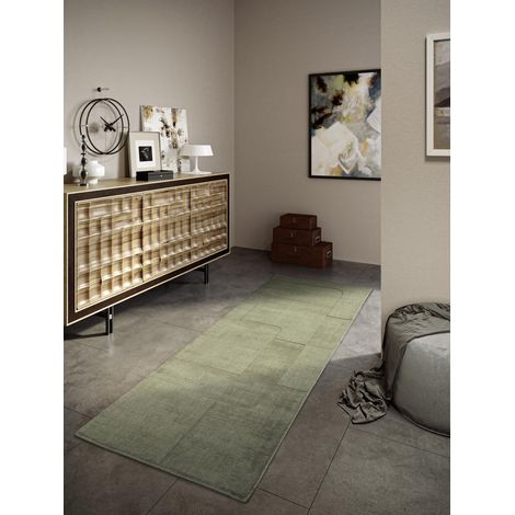 Charlotte Tapis en Laine Nature Tapis de Salon Tissé à la Main et Naturel Boho Tapis Laine pour Salon, Chambre à Coucher, Salle à Manger, Couloir, Cuisine - Vert, 80 x 250 cm (1/5)