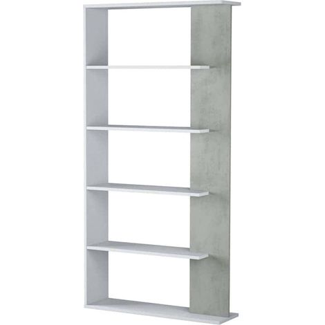 Dmora Bibliothèque Columbia, Bibliothèque double face avec 5 étagères, Étagère de séparation de bureau ou de chambre, cm 90x25h180, Blanc et Ciment, avec emballage renforcé (1/4)
