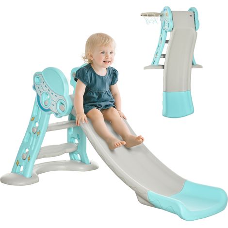 Toboggan pour enfants 18 mois et + pliable 2-en-1 avec panier de basket, modèle girafe, intérieur et extérieur, 140 x 87 x 75 cm, bleu et gris (1/5)
