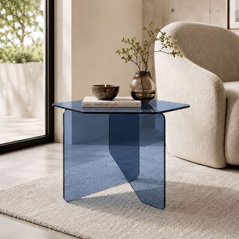 Bout de canapé 50x50x40 cm en verre trempé bleu - KURANO (1/3)