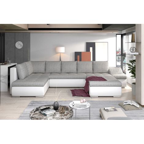 Canapé panoramique GYOVANI gris et blanc angle droit convertible avec têtières (1/2)